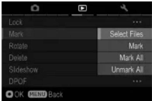 Lock Mark Select Files Rotate Mark Delete Mark All Slideshow Unmark All DPOF OK MENU Back