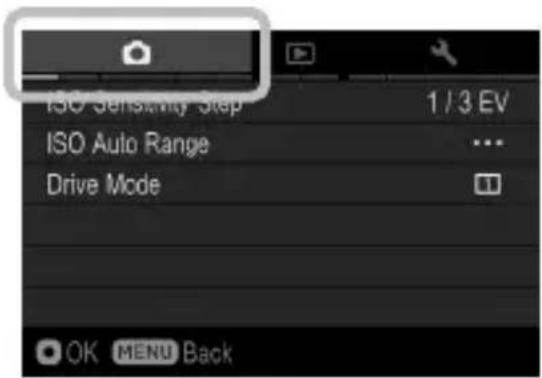 ISO Sensitivity Step 1 / 3 EV ISO Auto Range Drive Mode OK MENU Back