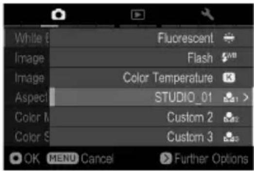 White Image Image Aspect Color M Color S Fluorescent Flash Color Temperature STUDIO_01 Custom 2 Custom 3 OK MENU Cancel Further Options