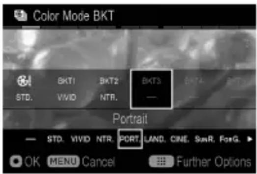 Color Mode BKT BKT1 BKT2 BKT3 STD. VIVID NTR. — Portrait — STD. VIVID NTR. PORT LAND CINE SunR FoxG. OK MENU Cancel Further Options