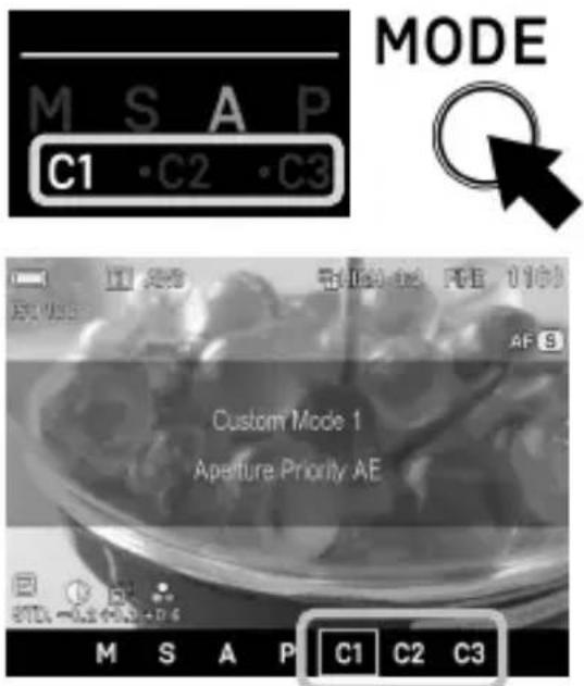 M S A P C1 •C2 •C3 MODE Custom Mode 1 Aperture Priority AE M S A P C1 C2 C3