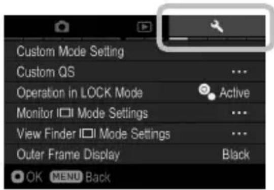 Custom Mode Setting Custom QS Operation in LOCK Mode Monitor I□ Mode Settings View Finder I□ Mode Settings Outer Frame Display Black OK MENU Back
