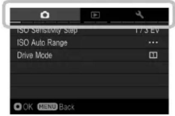 ISO Sensitivity Step 17.3 EV ISO Auto Range ... Drive Mode OK MENU Back