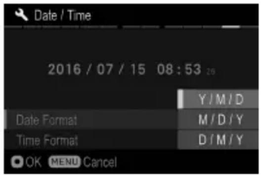 Date / Time 2016 / 07 / 15 08:53 29 Y/M/D Date Format M/D/Y Time Format D/M/Y OK MENU Cancel