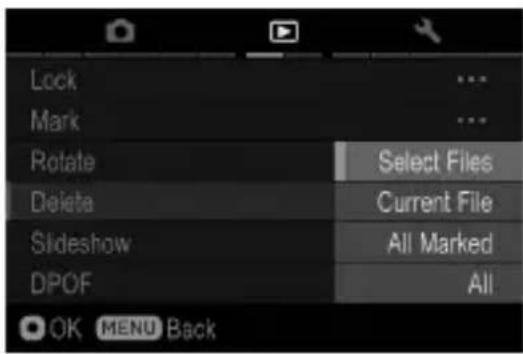 Lock Mark Rotate Delete Slideshow DPOF Select Files Current File All Marked All OK MENU Back
