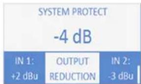 SYSTEM PROTECT -4 dB IN 1: OUTPUT IN 2: +2 dBu REDUCTION -3 dBu
