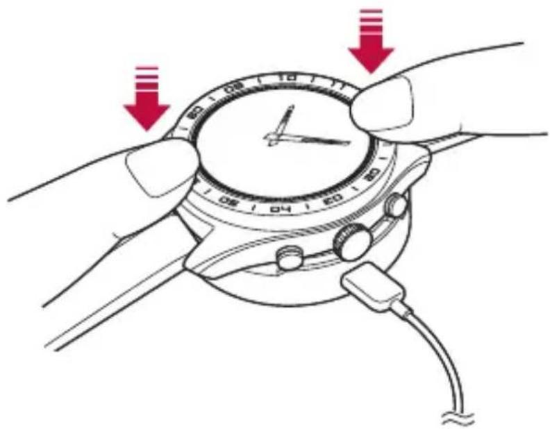 Diagram showing hands adjusting a wristwatch with red arrows indicating motion or adjustment points.