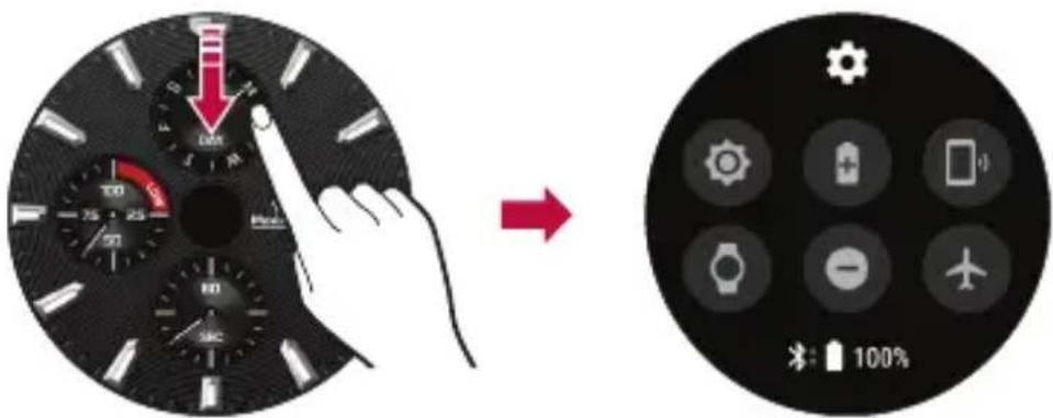 Diagram showing a hand pointing at a smartwatch with a red arrow and 'OK' button, followed by a device screen displaying icons like gear, phone, and airplane.