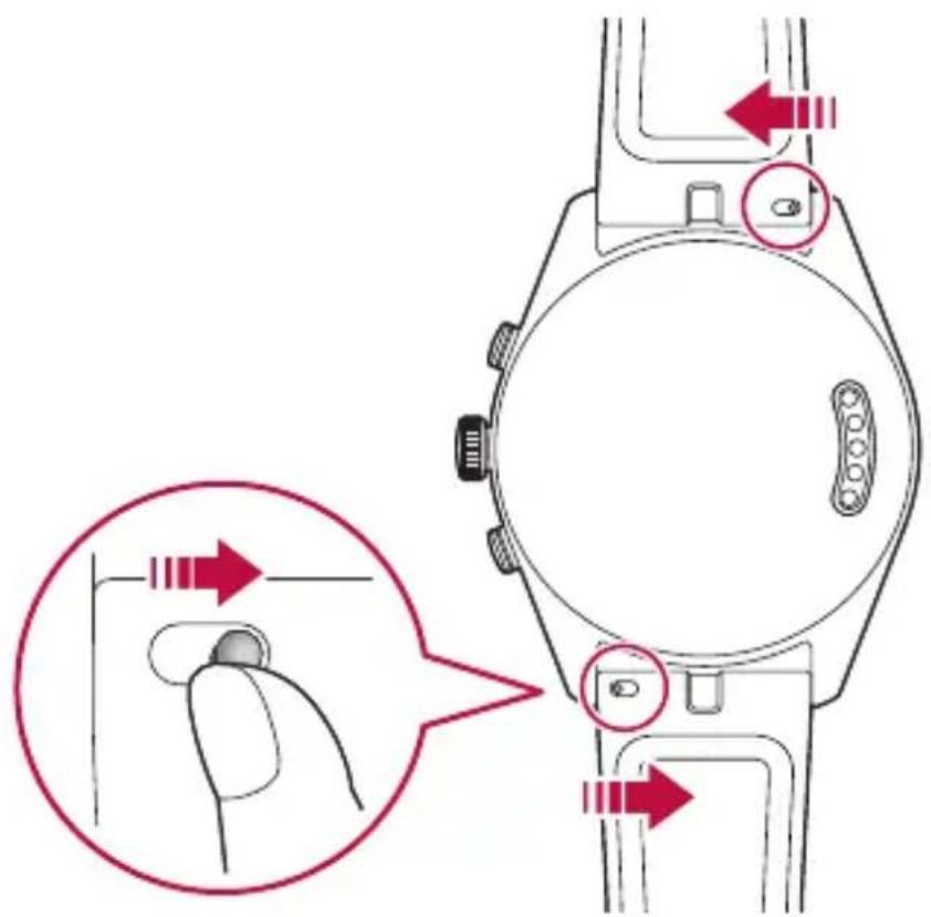 Diagram of a smartwatch with labeled sensor ports and a close-up of the grip mechanism, showing directional arrows and component placement.