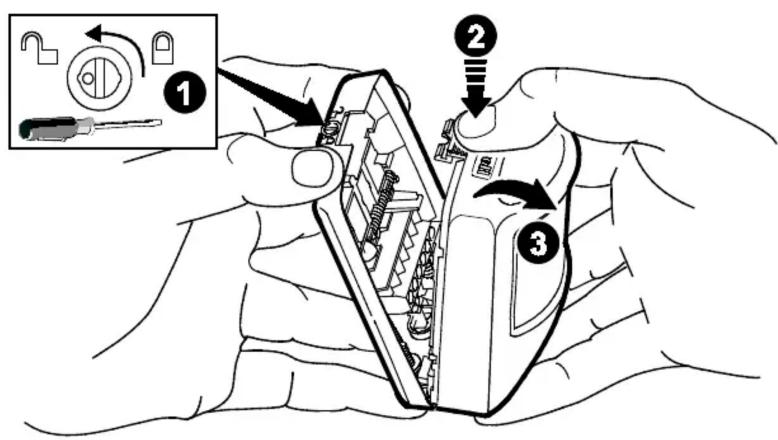 Diagram illustrating a mechanical assembly process with labeled steps 1, 2, and 3 showing tool insertion and component alignment.