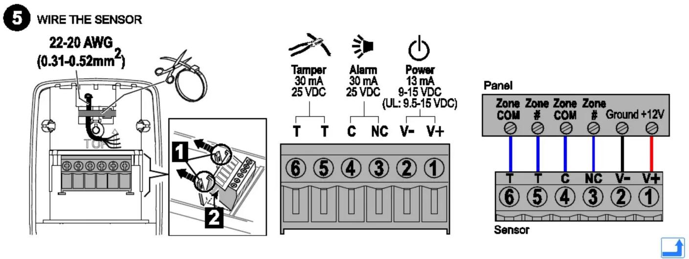 5 WIRE THE SENSOR 22-20 AWG (0.31-0.52mm²) TONE 1 2 Tamper 30 mA 25 VDC T T Alarm 30 mA 25 VDC C NC Power 13 mA 9-15 VDC (UL: 9.5-15 VDC) V- V+ Panel Zone Zone Zone Zone COM # COM # Ground +12V T T C NC V- V+ ⑥ ⑤ ④ ③ ② ① Sensor