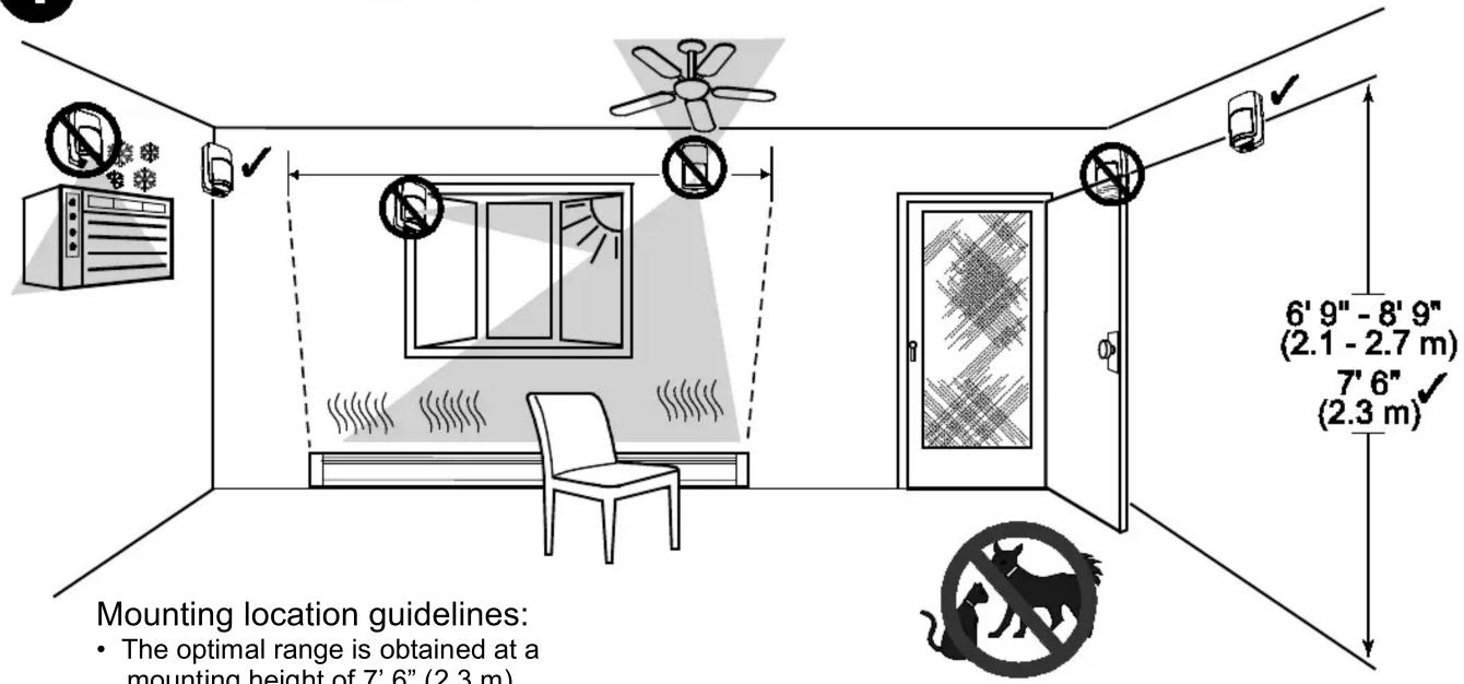 Mounting location guidelines: • The optimal range is obtained at a mounting height of 7' 6" (2.3 m) 6' 9" - 8' 9" (2.1 - 2.7 m) 7' 6" (2.3 m)