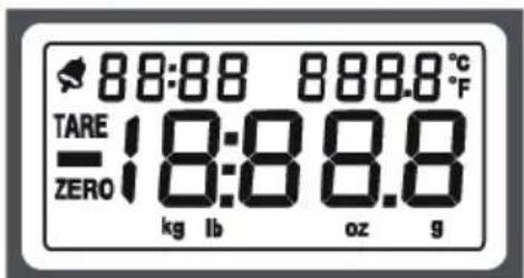 : alarm kg: kilogramy TARE: dovažování 9: gramy —: nízká hodnota lb: libry ZERO: nulování oz: unce 0000: alarm/timer °C / °F: teplota