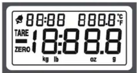 88:88 888.8 °C TARE 18:8 8.8 ZERO kg lb oz g