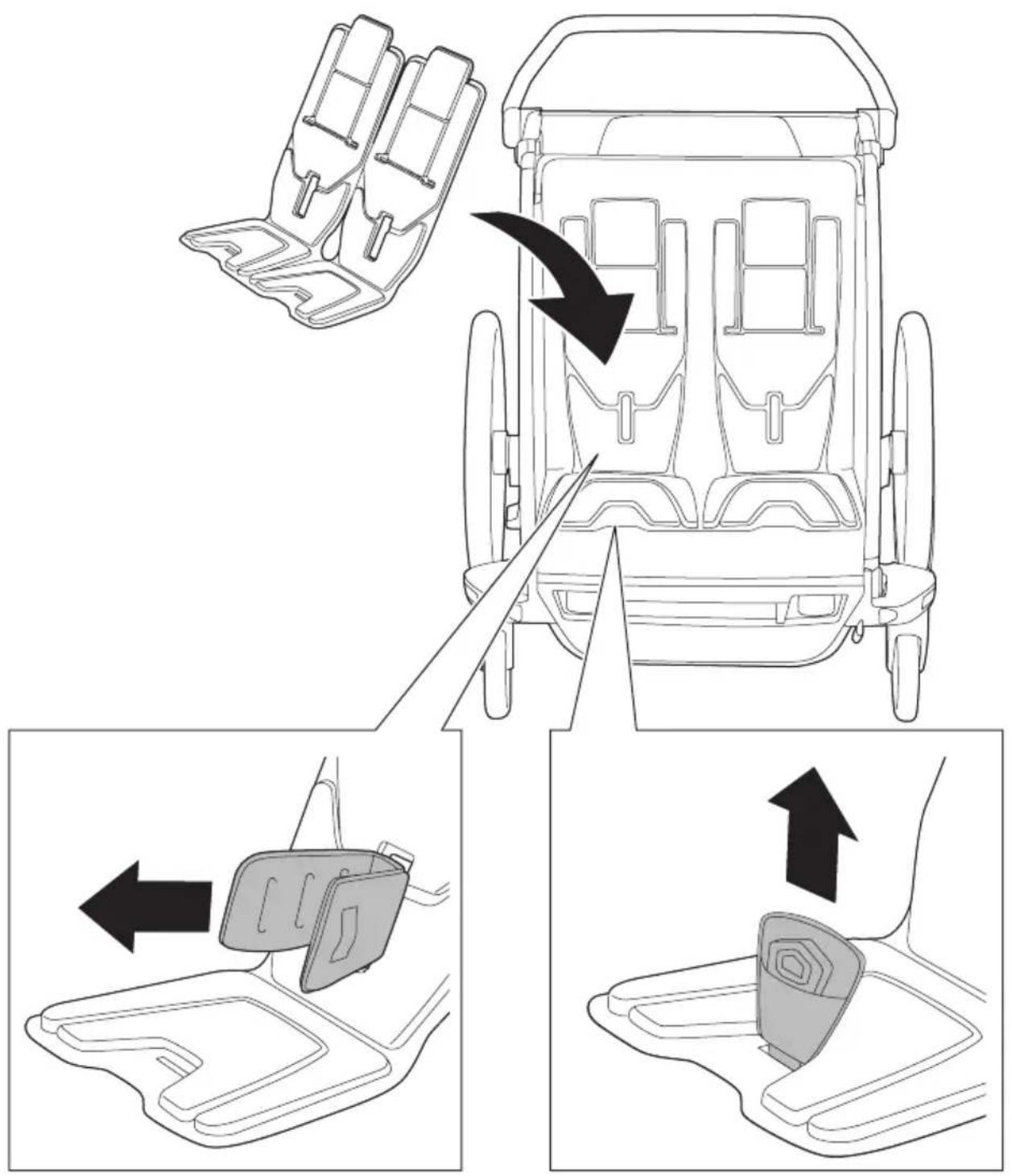 Diagram illustrating seatbelt replacement process with labeled parts and directional arrows indicating movement