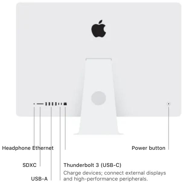 Headphone Ethernet SDXC USB-A Thunderbolt 3 (USB-C) Charge devices; connect external displays and high-performance peripherals. Power button