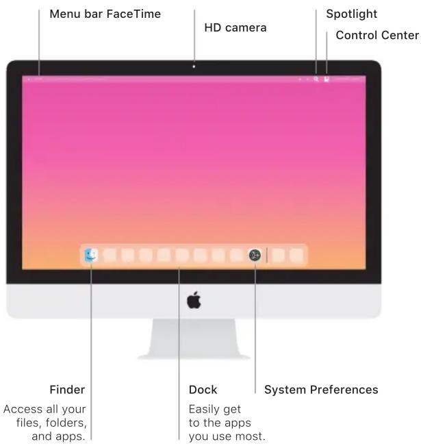 Menu bar FaceTime HD camera Spotlight Control Center Finder Access all your files, folders, and apps. Dock Easily get to the apps you use most. System Preferences