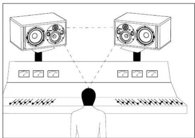 Diagram showing two audio equipment setups with speaker and receiver units connected to a human silhouette, illustrating sound monitoring or signal transmission.