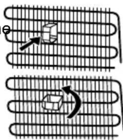 Diagram illustrating heat transfer in a coiled heat exchanger with labeled components and directional arrows indicating motion.
