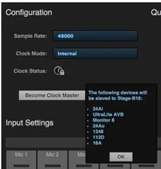 MOTU Stage-B16 - Choosing a master clock - 1