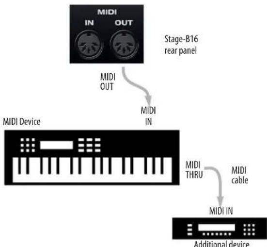 MOTU Stage-B16 - Connecting additional gear with MIDI THRUs - 1