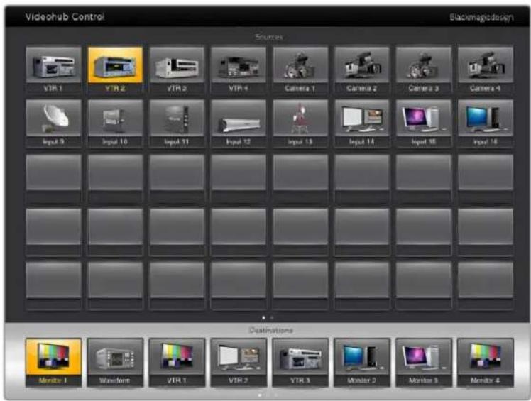 Videohub Control Blackmagic design Sources VTR 1 VTR 2 VTR 3 VTR 4 Camera 1 Camera 2 Camera 3 Camera 4 Input 9 Input 10 Input 11 Input 12 Input 13 Input 14 Input 15 Input 16 Dutations Monitor 1 Waveform VTR 1 VTR 2 VTR 3 Monitor 2 Monitor 3 Monitor 4