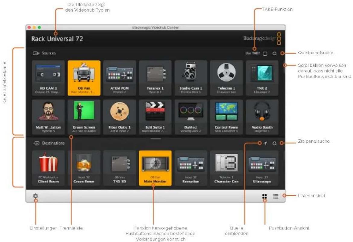 Blackmagic Viochub Control Rack Universal 72 Sources Os Van Main Monitor 1... ATEM PCM Hmrd0.2 Teranex 1 Hmrd0.1 Studio Cam 1 Provision Max 1 Telecline 1 Chaserant Gen TNX 2 Ultrascope 2 Matt W...lation Provent 3 Green Screen Alt Size to Audio Fiber Optix 1 ATEM Input 2 Edit Suite 1 Main Monitor 2... DaVinci Viewing Area 2 Control Room Mini Landerer 4 Audio Booth Projection 1 Destinations PC Workstation Client Room Input 32 Green Room Os Van TNX 3D OB Van Main Monitor Input 32 Reception Telephone 1 Character Gen Input 33 Ultrascope Einstellungen Trenntleistle Farblich hervorgehobene Pushbuttons machen bestohende Verbindungen kenntlich Quelle einblenden Take-Funktion Que Ipanelisuche Scrollbalkon verworisen carauf, dass nicht alle Pushbuttonins sichbar sind Zie panceisuche Listenansicht