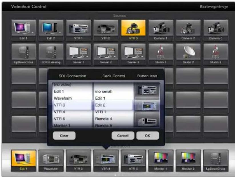 Videohub Control Backmagicdesign Sources Edit 1 Edit 2 VTR 1 VTR 2 VTR 3 Camera 1 Camera 2 Camera 0 UpDownCross SDI to Analog Server 1 Server 2 Server 3 Studio 1 Struse 2 Studio 3 SDI Connection Deck Control Button icon (no video) Edit 1 (no serial) Waveform Edit 1 VTR 3 Edit 2 VTR 4 VTR 1 VTR 5 Remote 4 Monitor 1 Remote 5 Clear Cancel OK Display