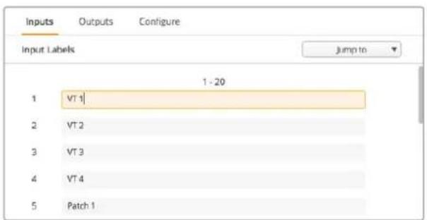 Inputs Outputs Configure Input Labels 1 - 20 1 VT 1 2 VT 2 3 VT 3 4 VT 4 5 Patch 1