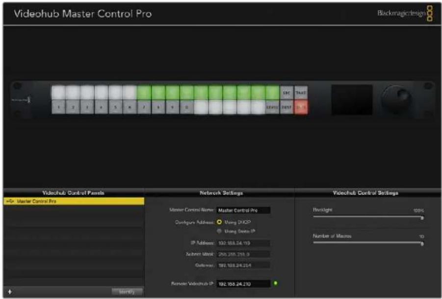 Videohub Master Control Pro Blackmagic design Master Control Pro Master Control Name: Master Control Pro Configure Address: Using DHCP Using Status IP IP Address: 102.108.24.119 Switched Mask: 256.256.256.0 Outflow: 102.108.24.214 Remote Videohub IP: 192.108.24.210 Videohub Control Settings Ringsight 100% Number of Masters 10