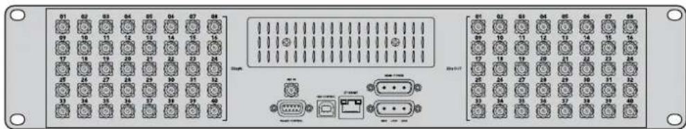 Front panel of an electronic device showing multiple ports, connectors, and labeled pins with numbers and symbols.