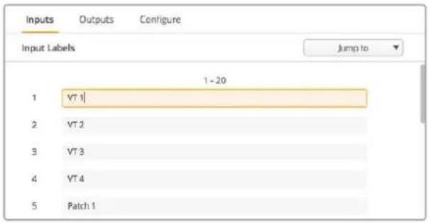 Inputs Outputs Configure Input Labels Jump to 1 - 20 1 VT 1 2 VT 2 3 VT 3 4 VT 4 5 Patch 1