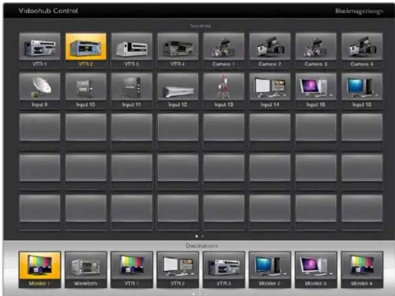 Videohub Control Blackmagingdesign VTR 1 VTR 2 VTR 3 VTR 4 Camera 1 Camera 2 Camera 3 Camera 4 Input 9 Input 10 Input 11 Input 12 Input 13 Input 14 Input 15 Input 16 Dislocations Monitor 1 Waveform VTR 1 VTR 2 VTR 3 Monitor 2 Monitor 3 Monitor 4
