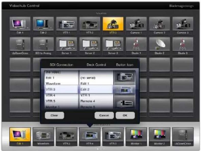 Videohub Control Blackmagocdesigns Volume Edit 1 Edit 2 VTR 1 VTR 2 VTR 3 Camera 1 Camera 2 Camera 3 UpDownCross SCI to Analog Server 1 Server 2 Server 3 Studio 1 Studio 2 Studio 3 SCI Connection Deck Control Button Icon (no VIDEO) Edit 1 Waveform VTR 3 VTR 4 VTR 5 Monitor 1 Clear Cancel OK Unidirectional Edit 1 Waveform VTR 3 VTR 4 VTR 5 Monitor 1 Monitor 2 UpDownCross