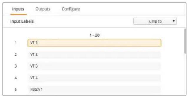 Inputs Outputs Configure Input Labels 1 - 20 VT 1 VT 2 VT 3 VT 4 Patch 1