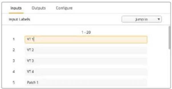 Inputs Outputs Configure Input Labels Jump to 1 - 20 1 VT 1 2 VT 2 3 VT 3 4 VT 4 5 Patch 1