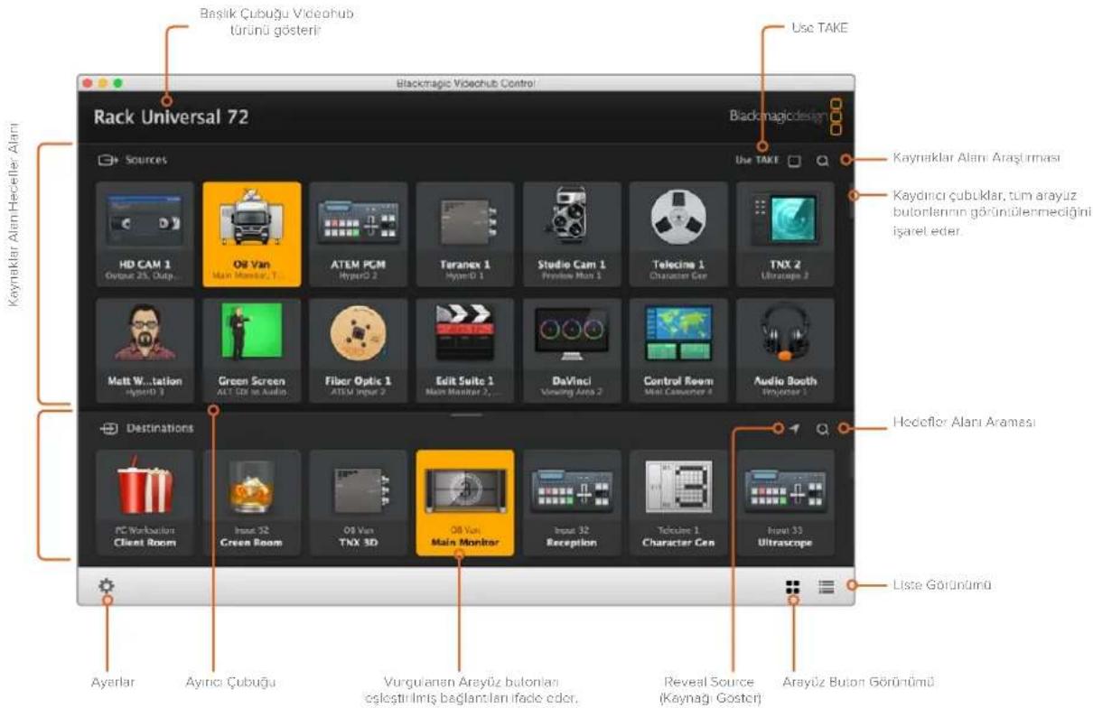 Blackmagic Videohub Control Rack Universal 72 Use TAKE Kaynaklar Alanı Araştırması Kayınıcı çubuklar, tüm arayuz butorlanın görünülenmediğini işaret eder. Hodeflor Alanı Araması Liste Görünümü Ayerlar Ayırıcı Çubuğu Vurguianan Arayüz bulonian可能会 imiş bağlantılar ifade eder, Reveal Source (Kaynag Goster) Arayüz Buton Görünümü Sources HD CAM 1 Oxture 25, Odpu... Oil Van Main Monitor 3... ATEM PCM HyperD 2 Teranex 1 HyperD 1 Studio Cam 1 Preview Man 1 Telecine 1 Character Care TNX 2 Ultrascope 2 Matt W. tation HyperD 3 Green Screen ALT D6 to Audio Fiber Optic 1 ATM Input 2 Edit Suite 1 Main Monitor 2... DaVinci Voning Area 2 Control Room Mail Caseurer 4 Audio Booth Proynter 1 Destinations PC Workstation Client Room Input 32 Green Room Oil Van TNX 3D Oil Van Main Monitor Input 32 Reception Telesler 1 Character Care Input 33 Ultrascope