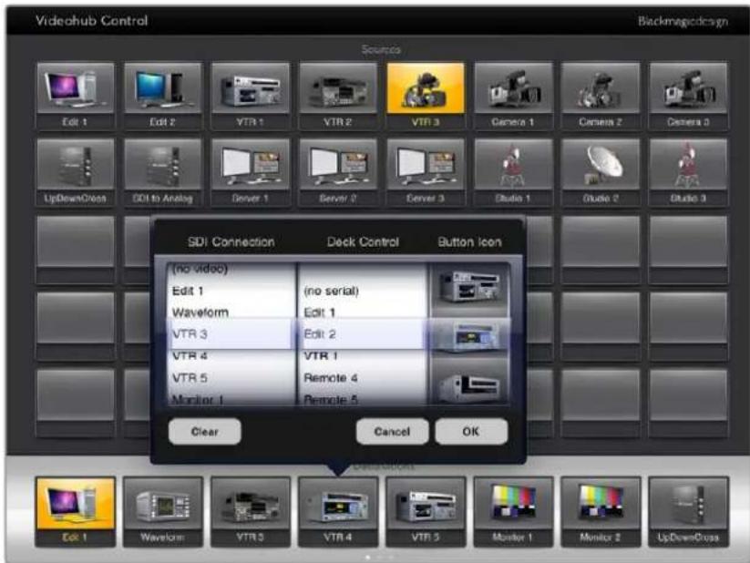 Videohub Control Backmagicdesign Sources Edit 1 Edit 2 VTR 1 VTR 2 VTR 3 Camera 1 Camera 2 Camera 3 UpDownCross SDI to Analog Server 1 Server 2 Server 3 Studio 1 Studio 2 Studio 3 SDI Connection Deck Control Button Icon (no video) Edit 1 Waveform VTR 3 VTR 4 VTR 5 Monitor 1 (no serial) Edit 1 Edit 2 VTR 1 Remote 4 Remote 5 Clear Cancel OK DataIcon Edit 1 Waveform VTR 3 VTR 4 VTR 5 Monitor 1 Monitor 2 UpDownCross