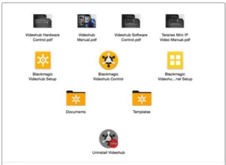 Videohub Hardware Control.pdf Videohub Manual.pdf Videohub Software Control.pdf Teranex Mini IP Video Manual.pdf Blackmagic Videohub Setup Blackmagic Videohub Control Blackmagic Videohub...nel Setup Documents Templates Uninstall Videohub