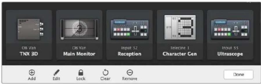 OB Van TNX 3D OB Van Main Monitor Input 32 Reception Telecine 1 Character Gen Input 33 Ultrascope Add Edit Lock Clear Remove Done