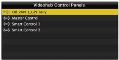 Videohub Control Panels OB VAN 1_GPI Tally <--> Master Control <--> Smart Control 1 <--> Smart Control 2