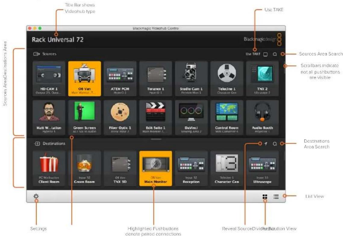 Title Bar shows Videohub type Rack Universal 72 Blackmagic Videohub Control Sources Sources Area Destinations Area Sources Area Sources Area Search Scrolbars Indicate not all pushbuttons are visible Destinations Areas Search Settings Highlightsc Pushbuttons denote paired connections Reveal SourceDividPushButton View List View