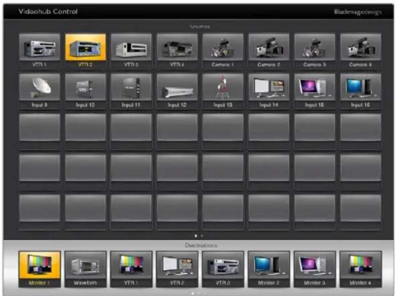 VideoHub Control Blackmagingdesign Volumes VTR 1 VTR 2 VTR 3 VTR 4 Camera 1 Camera 2 Camera 3 Camera 4 Input 9 Input 10 Input 11 Input 12 Input 13 Input 14 Input 15 Input 16 Destinations Monitor 1 Waveform VTR 1 VTR 2 VTR 3 Monitor 2 Monitor 3 Monitor 4