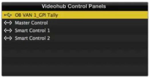 Videohub Control Panels •←→ O8 VAN 1_GPI Tally <--> Master Control <--> Smart Control 1 <--> Smart Control 2
