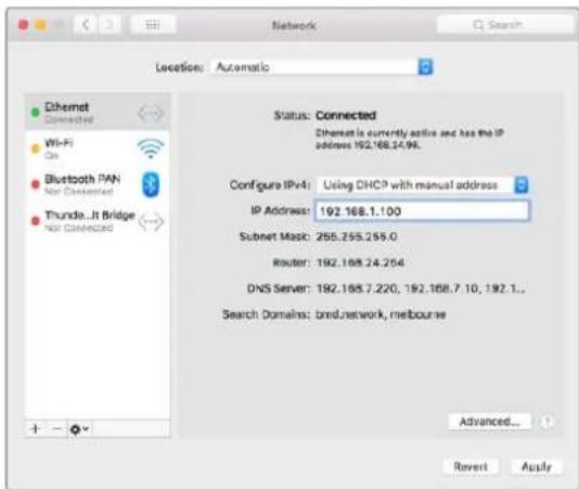 Location: Automatic Status: Connected Ethernet is currently active and has the IP address 192.168.34.98. Configure IPv4: Using DHCP with manual address IP Address: 192.168.1.100 Subnet Mask: 255.255.255.0 Router: 192.168.24.254 DNS Server: 192.168.7.220, 192.168.7.10, 192.1.. Search Domains: bind-network, melbourne Advanced... Revert Apply