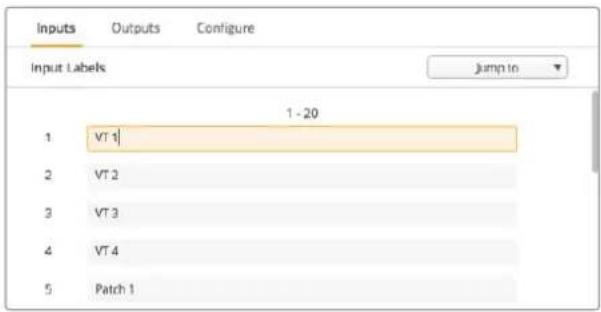 Inputs Outputs Configure Input Labels 1 - 20 VT 1 VT 2 VT 3 VT 4 Patch 1