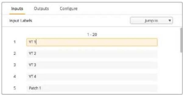 Inputs Outputs Configure Input Labels 1 - 20 1 VT 1 2 VT 2 3 VT 3 4 VT 4 5 Patch 1