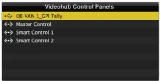 Videohub Control Panels ←→ OB VAN 1_GPI Tally ←→ Master Control ←→ Smart Control 1 ←→ Smart Control 2