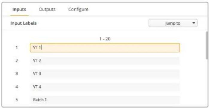 Inputs Outputs Configure Input Labels 1 - 20 VT 1 VT 2 VT 3 VT 4 Patch 1