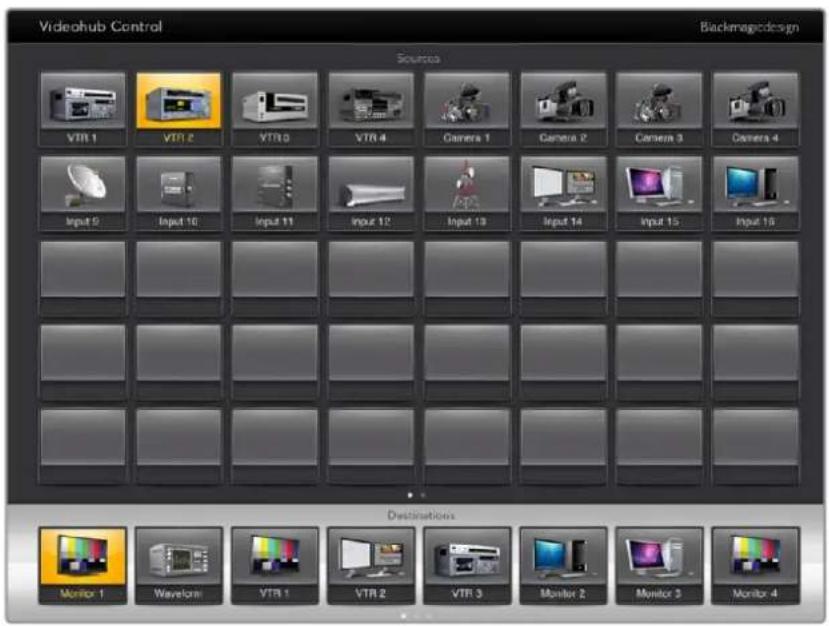 Videohub Control Blackmagic design Sources VTR 1 VTR 2 VTR 3 VTR 4 Camera 1 Camera 2 Camera 3 Camera 4 Input 5 Input 10 Input 11 Input 12 Input 13 Input 14 Input 15 Input 16 Destinations Monitor 1 Wavelength VTR 1 VTR 2 VTR 3 Monitor 2 Monitor 3 Monitor 4